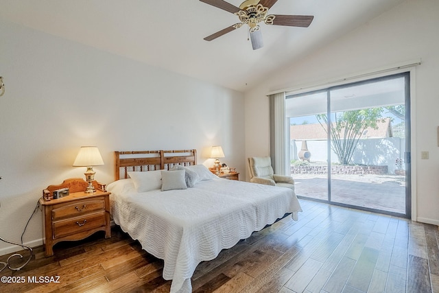 bedroom featuring ceiling fan, vaulted ceiling, wood finished floors, and access to exterior