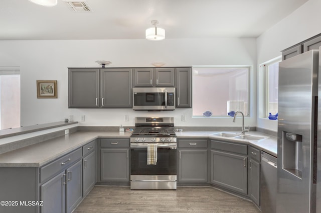 kitchen with visible vents, a sink, gray cabinetry, and stainless steel appliances