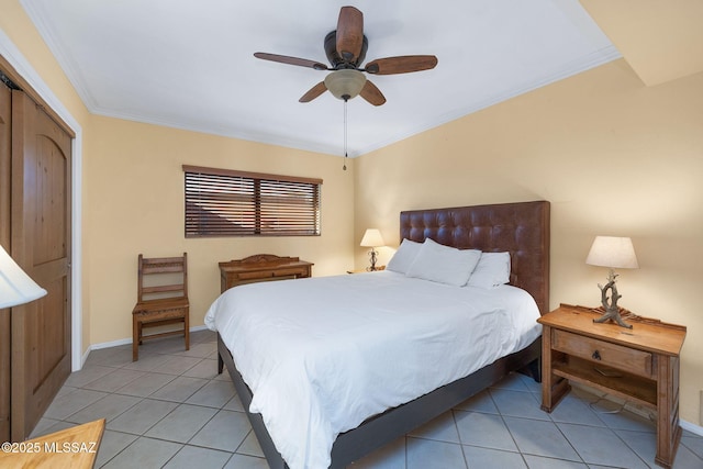 901 W Las Lomitas Rd, Tucson, AZ 85704 - bedroom with light tile patterned floors, a closet, ornamental molding, and ceiling fan