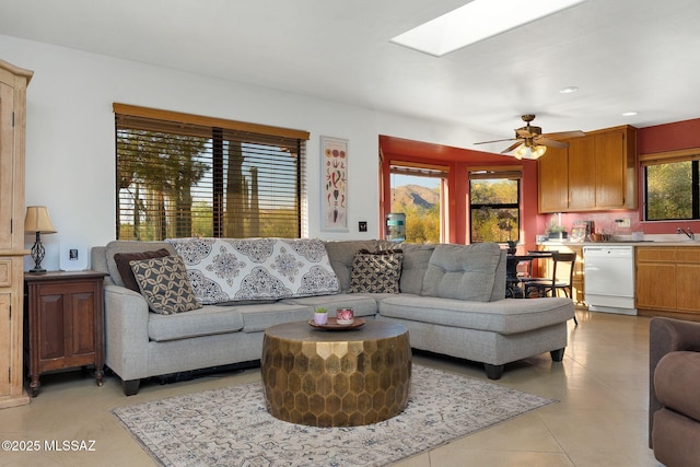 901 W Las Lomitas Rd, Tucson, AZ 85704 - living area with a skylight, ceiling fan, light tile patterned flooring, and recessed lighting