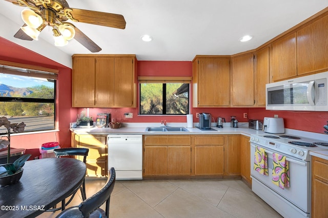 901 W Las Lomitas Rd, Tucson, AZ 85704 - kitchen with white appliances, light countertops, recessed lighting, ceiling fan, and light tile patterned flooring