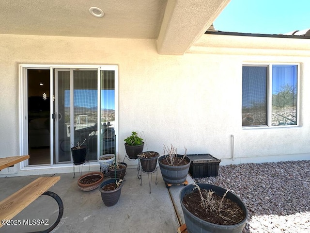 exterior space with a patio and stucco siding