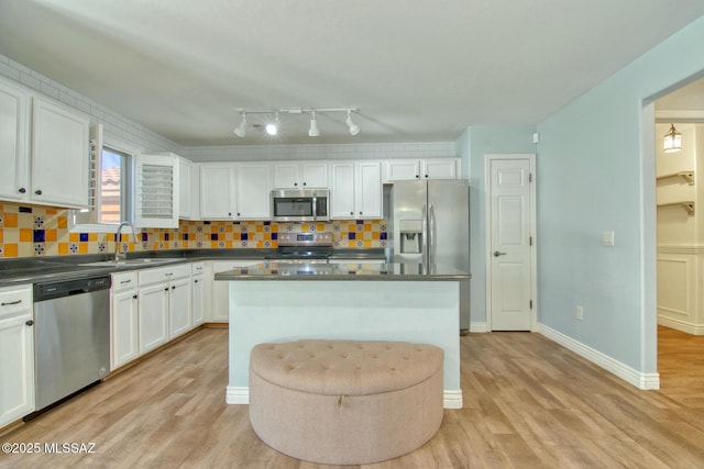 kitchen featuring white cabinets, backsplash, appliances with stainless steel finishes, and a sink