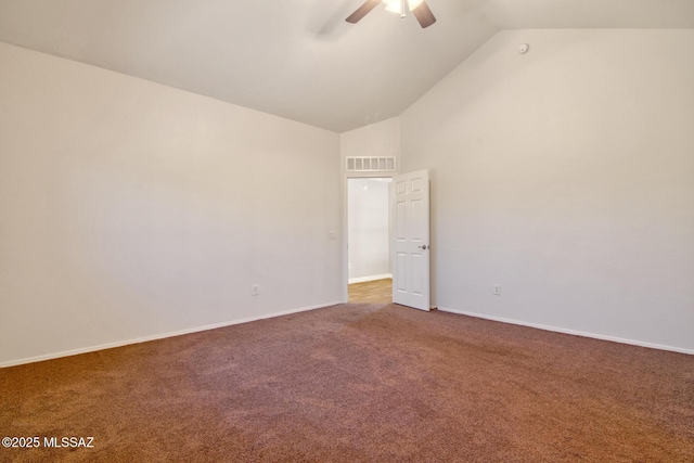 spare room with high vaulted ceiling, ceiling fan, carpet, baseboards, and visible vents