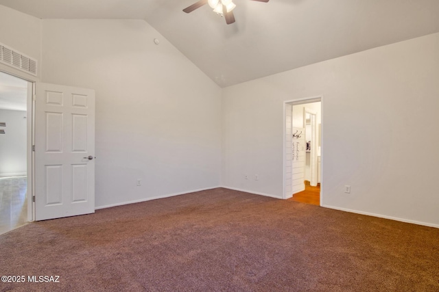 carpeted empty room featuring high vaulted ceiling, ceiling fan, baseboards, and visible vents
