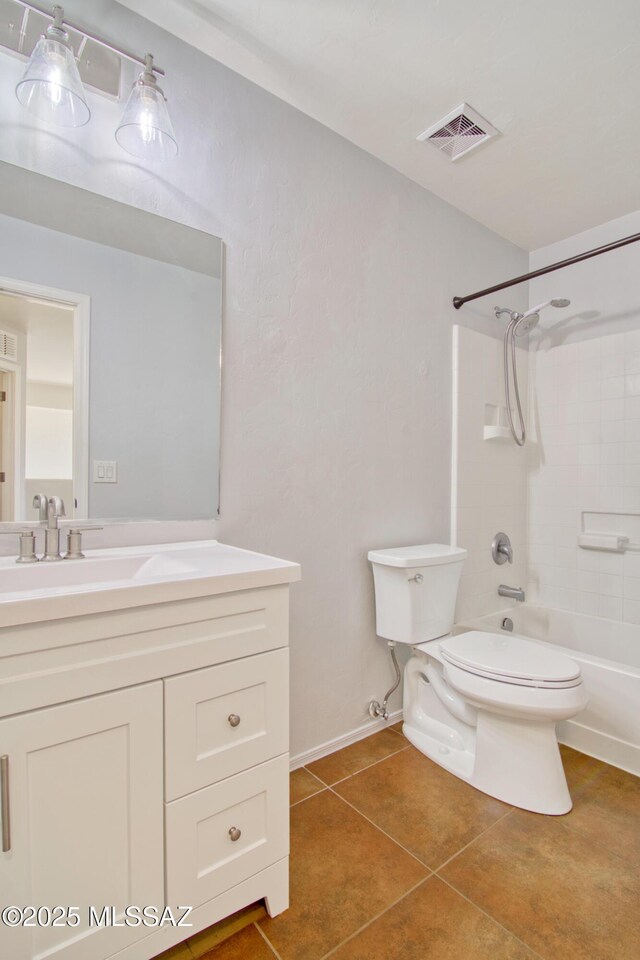 bathroom featuring toilet, visible vents, tile patterned flooring, vanity, and shower / tub combination