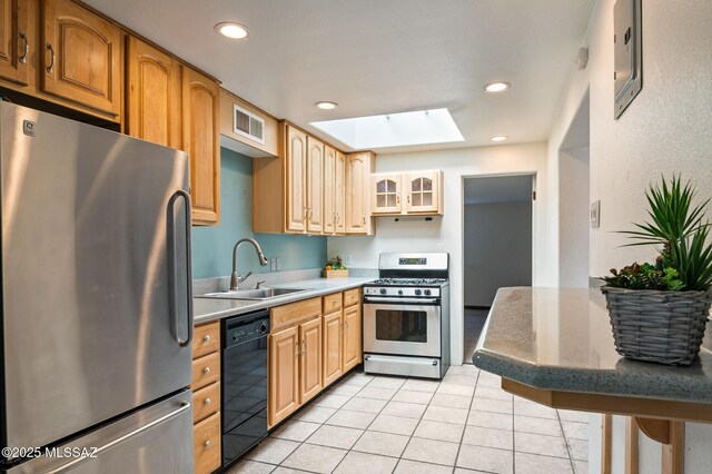 2245 N Northway Ave, Tucson, AZ 85716 - kitchen featuring a sink, a skylight, light tile patterned floors, glass insert cabinets, and appliances with stainless steel finishes