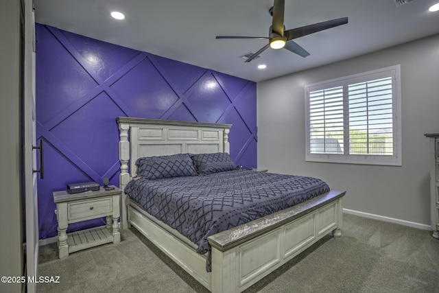 5854 W Indian Sunrise Dr, Tucson, AZ 85742 - bedroom with a ceiling fan, visible vents, baseboards, carpet flooring, and recessed lighting