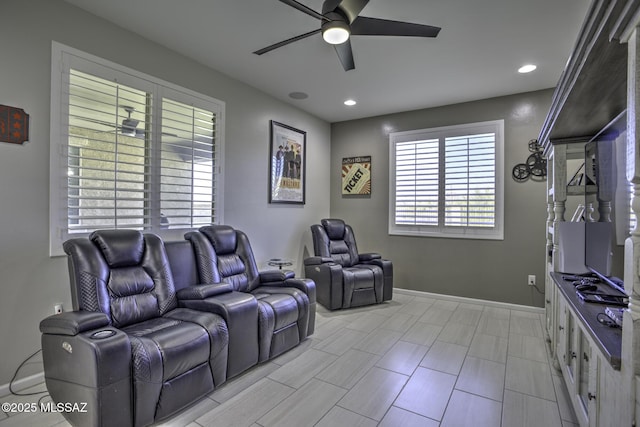 5854 W Indian Sunrise Dr, Tucson, AZ 85742 - home theater with baseboards, ceiling fan, and recessed lighting