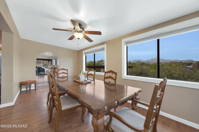 5122 W Camino De La Amapola, Tucson, AZ 85745 - dining area with arched walkways, wood finished floors, ceiling fan, baseboards, and a mountain view