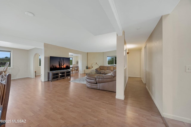 5122 W Camino De La Amapola, Tucson, AZ 85745 - living room featuring arched walkways, plenty of natural light, light wood-style floors, and baseboards