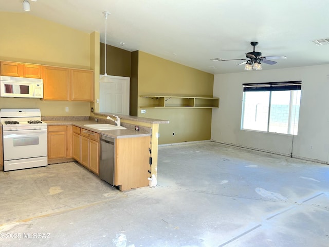 10211 E Hummingbird Meadow Way, Tucson, AZ 85747 - kitchen with a peninsula, a sink, visible vents, white appliances, and light brown cabinets