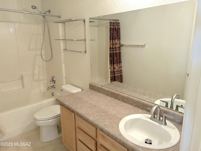 10211 E Hummingbird Meadow Way, Tucson, AZ 85747 - bathroom with shower / bathtub combination with curtain, tile patterned floors, vanity, and toilet