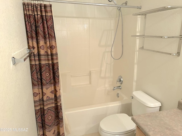 10211 E Hummingbird Meadow Way, Tucson, AZ 85747 - bathroom featuring shower / tub combo with curtain, toilet, vanity, and a textured wall