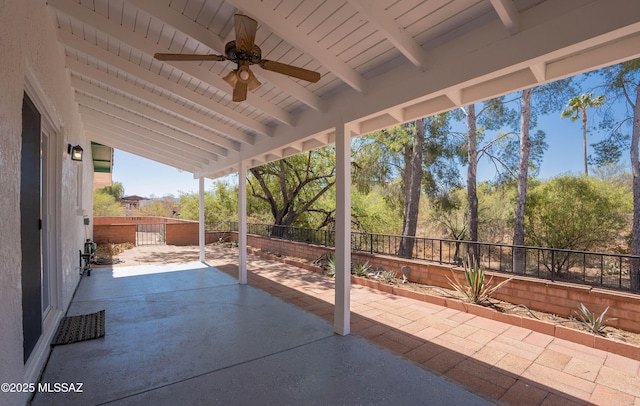 view of patio / terrace featuring a fenced backyard and a ceiling fan