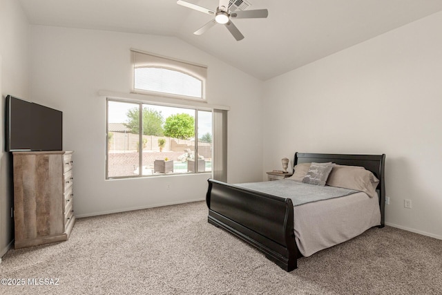 bedroom featuring baseboards, ceiling fan, high vaulted ceiling, and light colored carpet