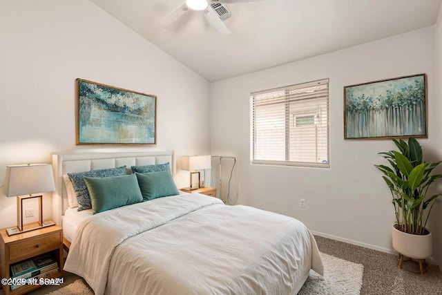 bedroom with ceiling fan, carpet floors, baseboards, lofted ceiling, and visible vents