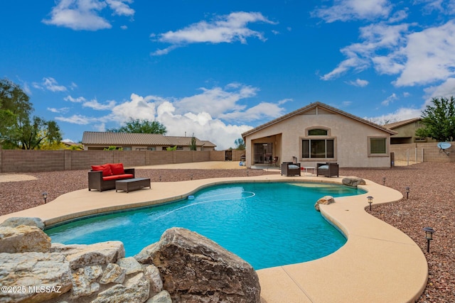 view of swimming pool with a patio, a fenced backyard, and a fenced in pool