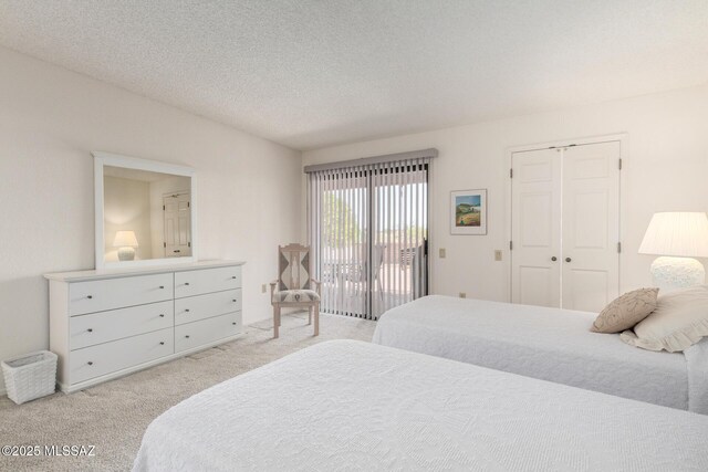 bedroom featuring a textured ceiling, carpet flooring, access to exterior, and a closet