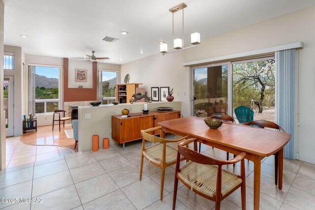 dining area featuring visible vents, light tile patterned floors, a ceiling fan, and recessed lighting