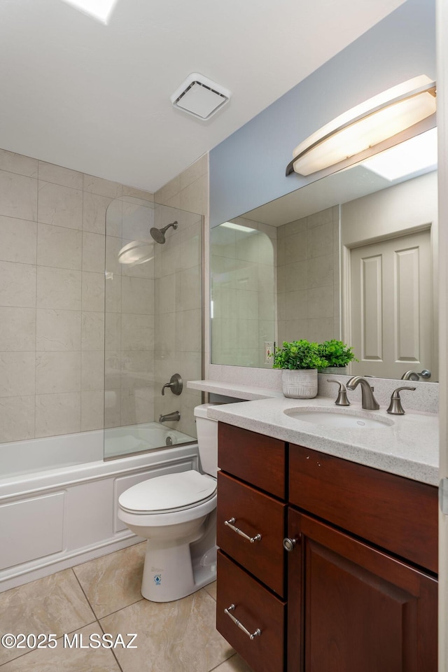 full bathroom featuring visible vents, toilet, tile patterned floors, vanity, and  shower combination