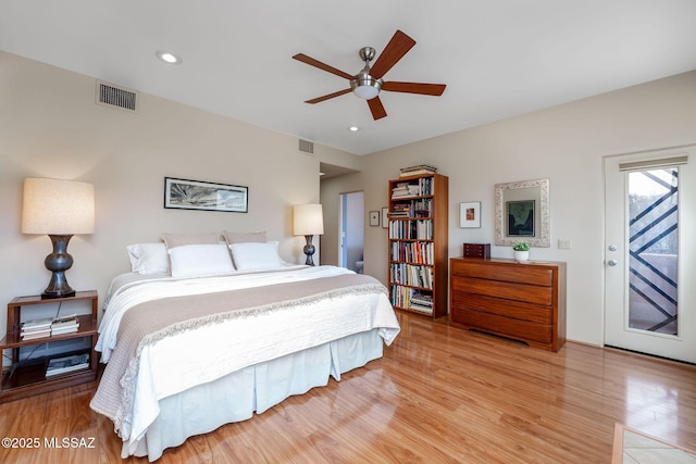 bedroom with visible vents, recessed lighting, and light wood-style floors