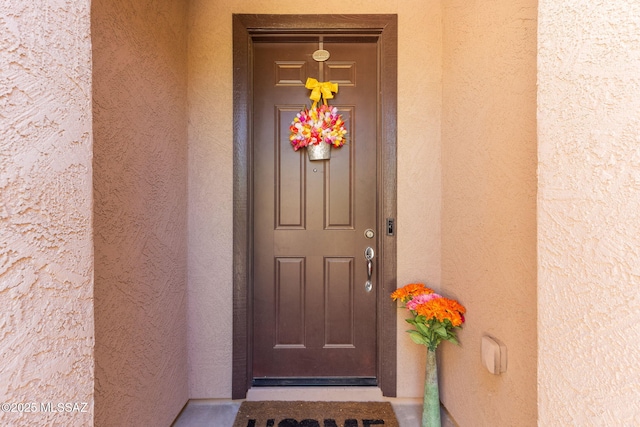 view of exterior entry featuring stucco siding