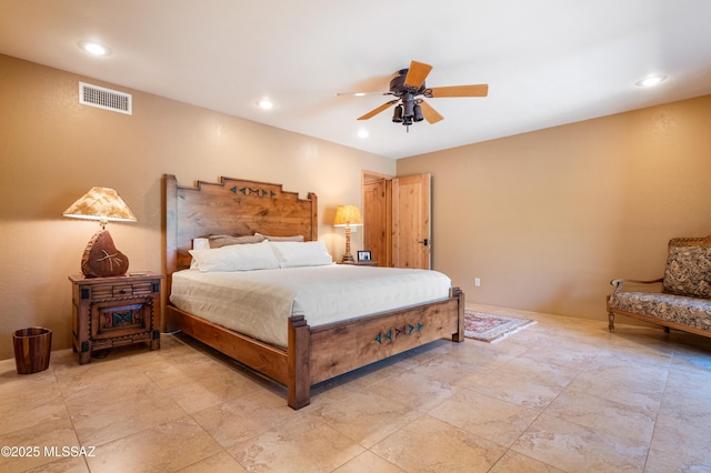 bedroom featuring visible vents, recessed lighting, and ceiling fan