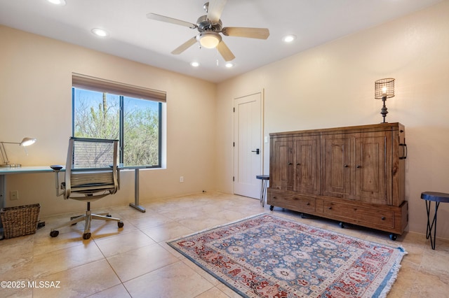 office space featuring recessed lighting, light tile patterned flooring, baseboards, and ceiling fan