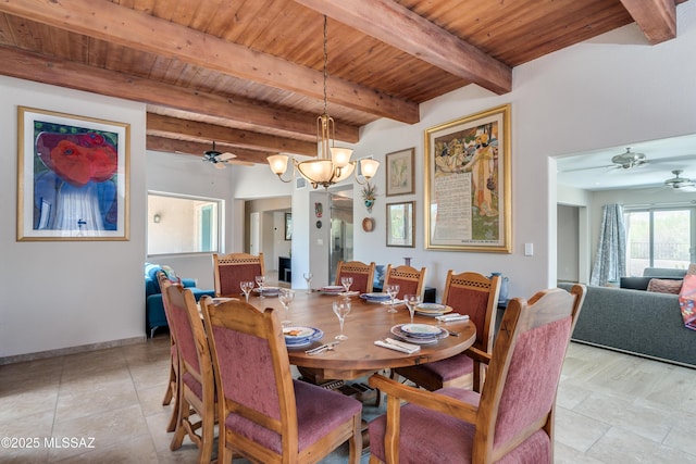 6261 N Placita De Rojelio, Tucson, AZ 85718 - dining room with a ceiling fan, wood ceiling, light tile patterned flooring, baseboards, and beamed ceiling