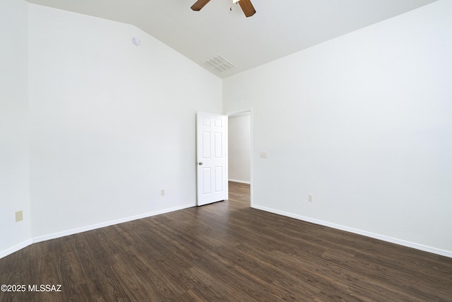 2414 E Calle Lena Verde, Tucson, AZ 85706 - empty room featuring a ceiling fan, dark wood-style flooring, baseboards, and high vaulted ceiling