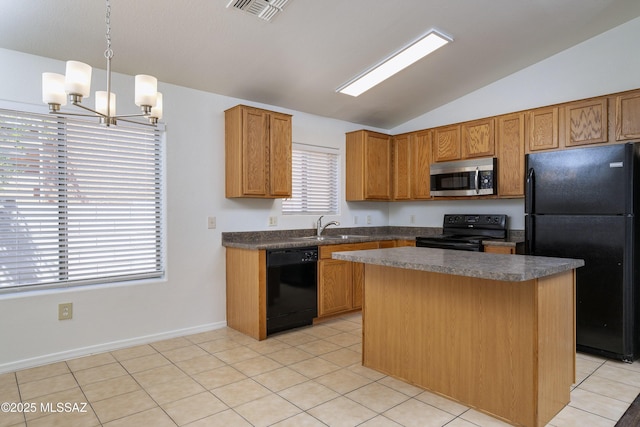 2414 E Calle Lena Verde, Tucson, AZ 85706 - kitchen featuring black appliances, vaulted ceiling, a sink, a chandelier, and dark countertops