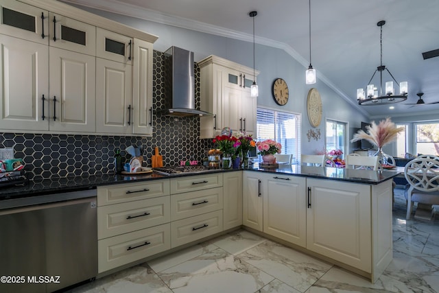 kitchen featuring stainless steel appliances, a notable chandelier, marble finish floor, wall chimney range hood, and ornamental molding