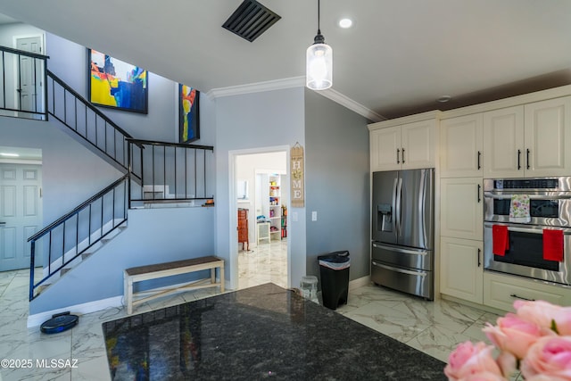 kitchen with stainless steel appliances, marble finish floor, white cabinetry, baseboards, and ornamental molding