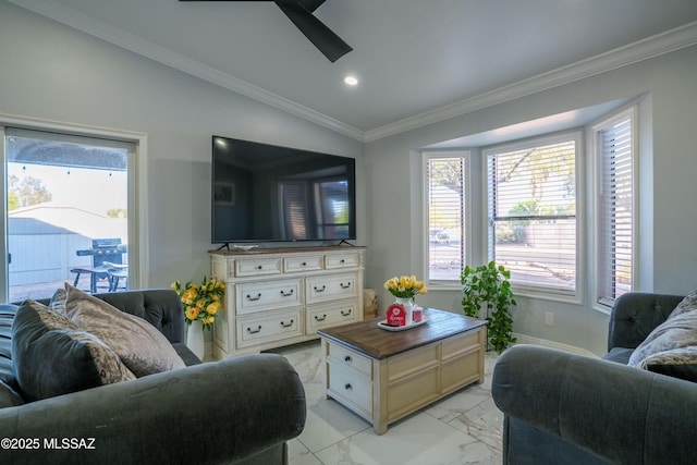 living room with ceiling fan, crown molding, marble finish floor, vaulted ceiling, and baseboards