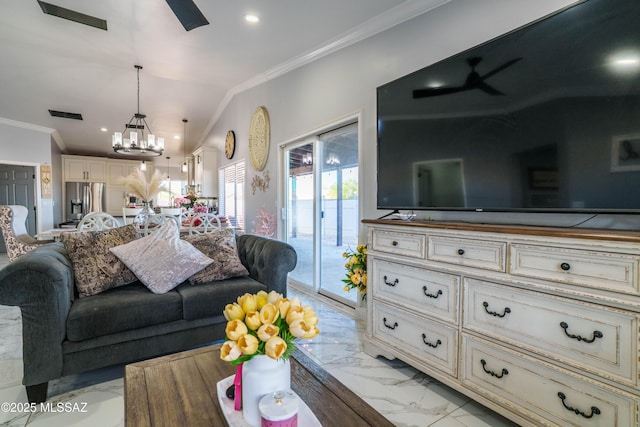 living area with recessed lighting, an inviting chandelier, marble finish floor, visible vents, and ornamental molding
