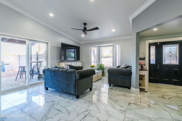 living area with ceiling fan, recessed lighting, ornamental molding, and vaulted ceiling
