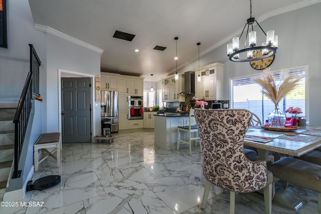 dining area featuring recessed lighting, stairway, a chandelier, ornamental molding, and visible vents
