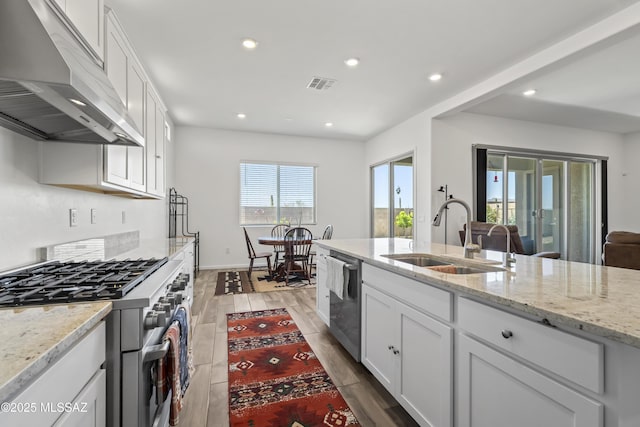 kitchen featuring light wood-style floors, appliances with stainless steel finishes, under cabinet range hood, a sink, and visible vents