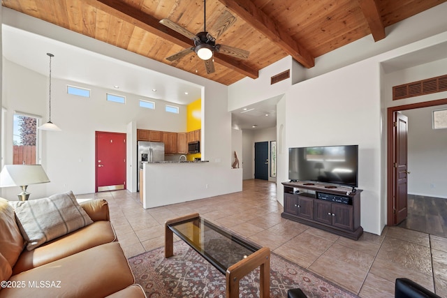 living area with visible vents, a ceiling fan, wood ceiling, and a towering ceiling