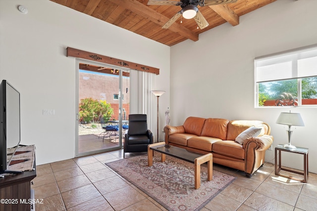 living area featuring a ceiling fan, beam ceiling, a healthy amount of sunlight, and wood ceiling
