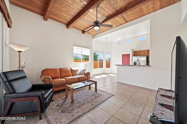 living room featuring a ceiling fan, wood ceiling, and beam ceiling