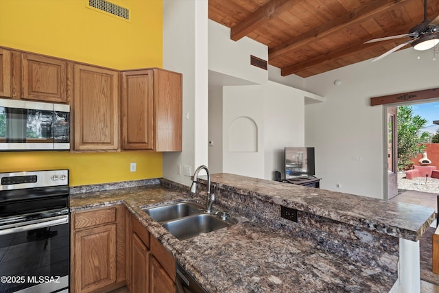 kitchen with ceiling fan, visible vents, appliances with stainless steel finishes, a sink, and wooden ceiling