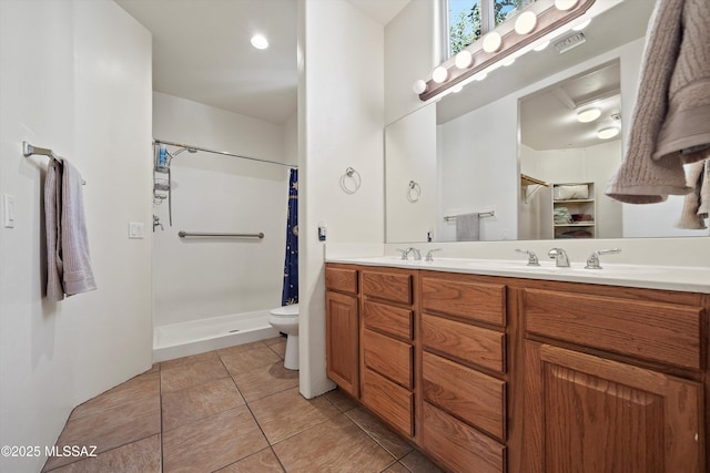 full bathroom featuring a sink, tile patterned flooring, double vanity, toilet, and visible vents