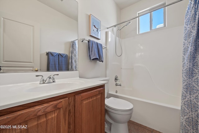 full bathroom featuring toilet, tile patterned floors, shower / bathtub combination with curtain, and vanity