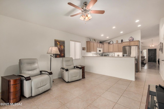 5354 W Eagle Claws Ct, Marana, AZ 85658 - interior space with light tile patterned floors, recessed lighting, a ceiling fan, and vaulted ceiling