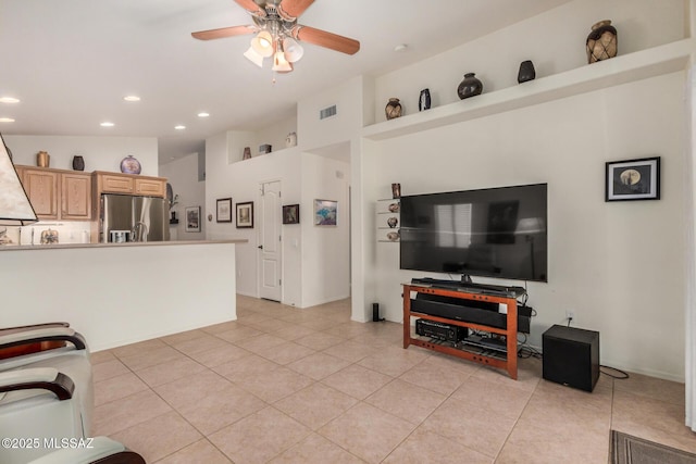 5354 W Eagle Claws Ct, Marana, AZ 85658 - living area with light tile patterned floors, visible vents, baseboards, recessed lighting, and a ceiling fan