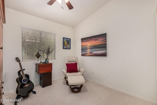 5354 W Eagle Claws Ct, Marana, AZ 85658 - living area featuring a ceiling fan, carpet flooring, vaulted ceiling, and baseboards