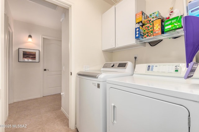 5354 W Eagle Claws Ct, Marana, AZ 85658 - laundry room featuring light tile patterned floors, independent washer and dryer, cabinet space, and baseboards