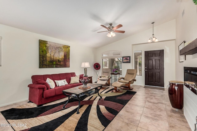 5354 W Eagle Claws Ct, Marana, AZ 85658 - living area featuring ceiling fan, visible vents, baseboards, vaulted ceiling, and tile patterned flooring